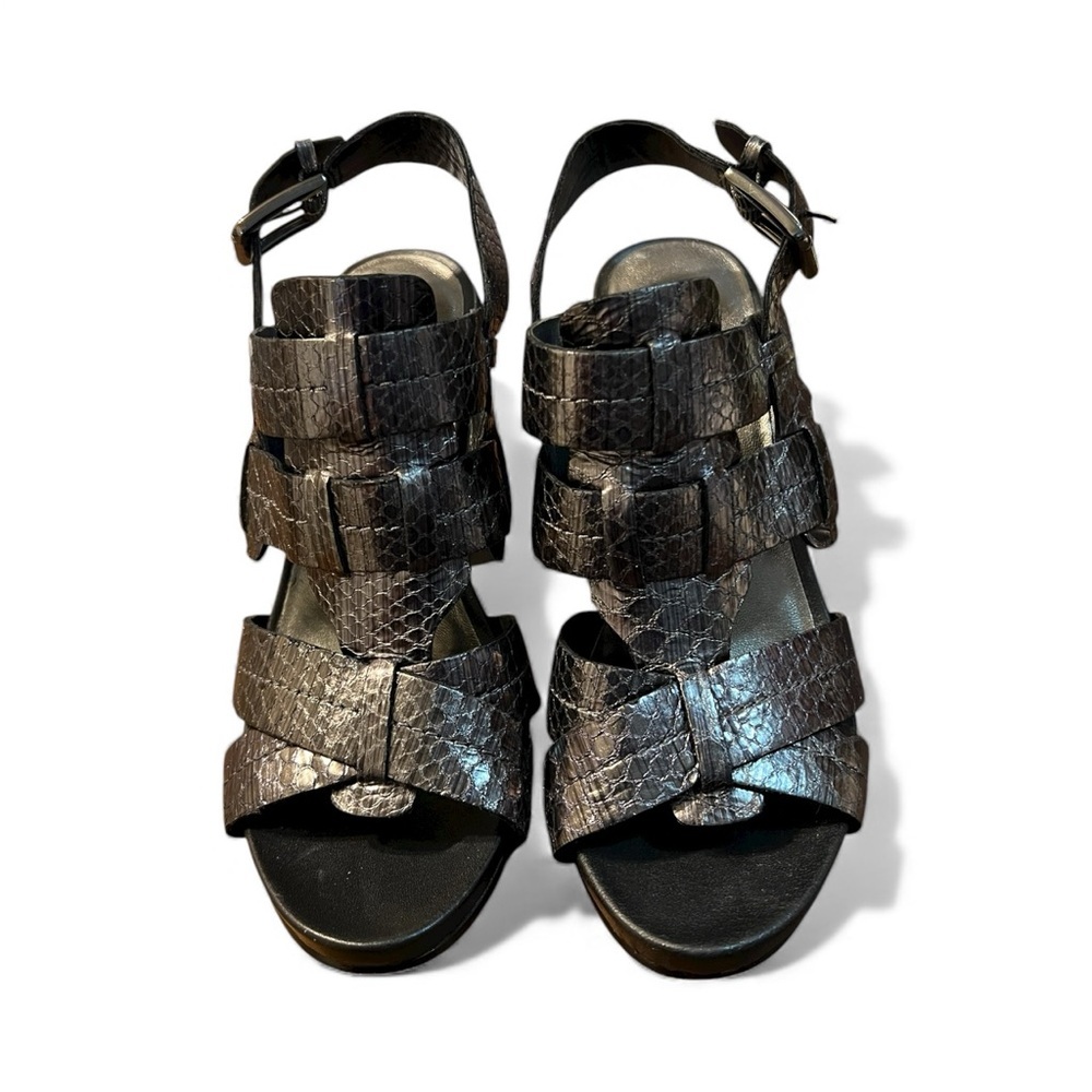 Donald Pliner Gaia Pewter Strappy Wedge Reptile Print Sandals Size 7.5M - Picture 3 of 11